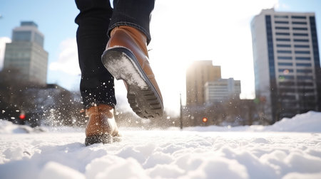 Female legs in winter shoes on snow in the city, close-upの素材