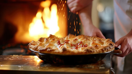 Woman cooking apple pie in kitchen, closeup. Homemade foodの素材