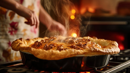 Woman cooking tasty pie in kitchen, closeup. Space for textの素材