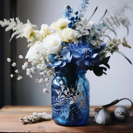 Beautiful bouquet of flowers in a blue vase on a wooden tableの素材