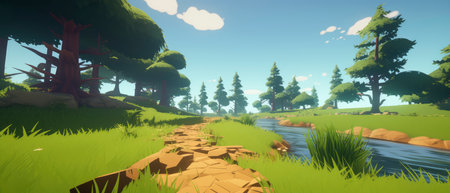 3d render of a forest with a river in the background.の素材