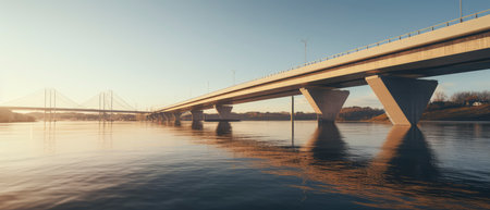 A panoramic view of the bridge over the river at sunsetの素材