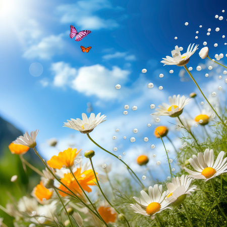 summer meadow with daisies and butterfly on sky backgroundの素材