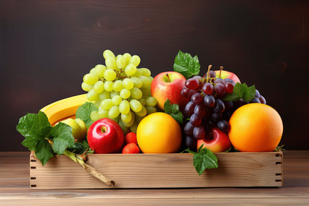 Wooden box with fresh fruits on wooden background. Healthy food concept.の素材