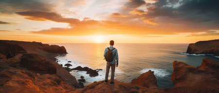 Hipster traveler man with backpack standing on cliff and looking at sea at sunsetの素材