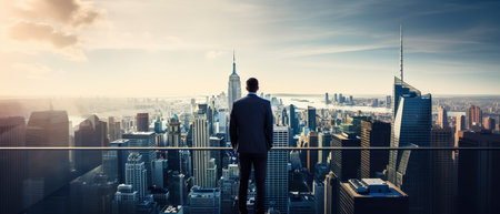 Businessman standing on the roof and looking at New York city.の素材