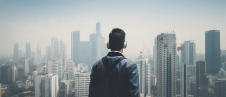 Businessman listening to music with headphones on the top of the buildingの素材
