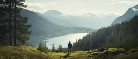 Man standing on the edge of a mountain and looking at the lakeの素材