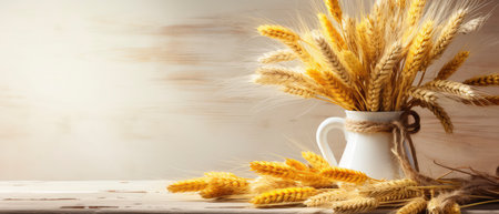 ears of wheat in a vase on a wooden background. harvestの素材