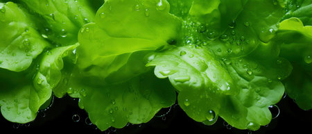 Fresh green lettuce with water drops isolated on black background. Close up.の素材