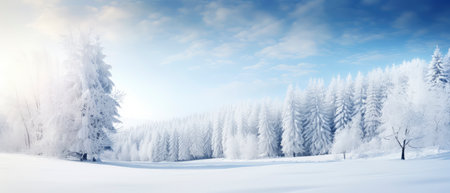 Beautiful winter landscape with snow covered trees. Panoramic bannerの素材