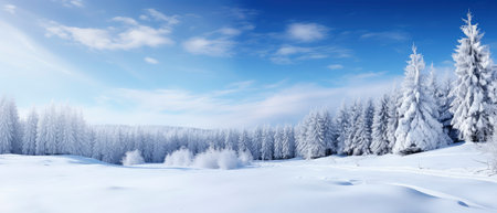 Winter landscape panorama with snowy fir trees and blue sky with cloudsの素材
