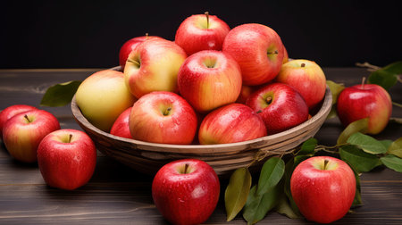 Fresh red apples in a bowl on wooden background. Selective focus.の素材