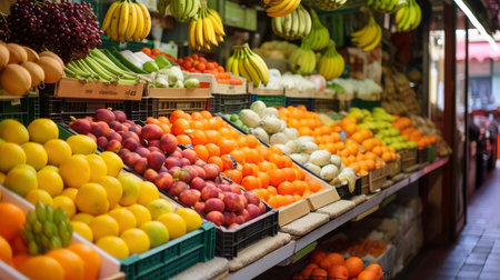 Fruits and vegetables on the counter of a grocery store in Barcelona, Spainの素材