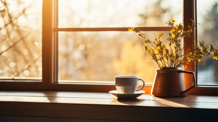 Cup of coffee on the windowsill with yellow flowers in vaseの素材
