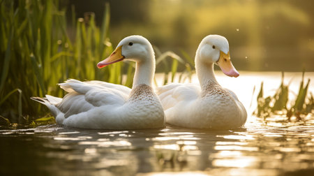 two white swans swimming in a lake at sunset, nature seriesの素材