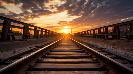 Railway tracks at sunset or sunrise. Railway tracks. Railway transportation concept.の素材