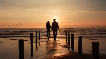 Couple on the beach at sunset. Silhouette of a man and woman holding handsの素材