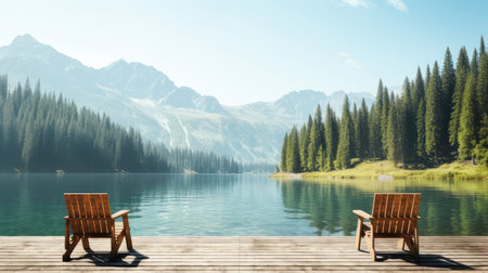Two wooden chairs on a wooden pier by a mountain lake. 3d renderingの素材