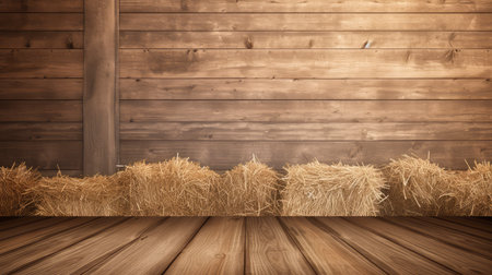 Wooden floor and hay bales against bleached wooden planks backgroundの素材
