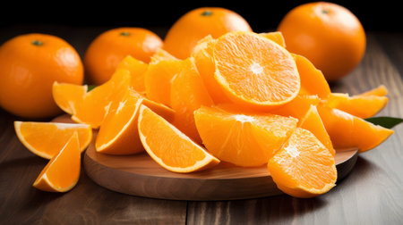 Tangerines on a wooden table. Tangerine slices.の素材