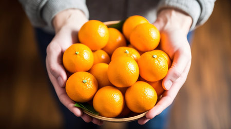 Female hands holding a bowl of tangerines, close-upの素材