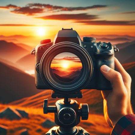 Photographer with camera on tripod taking photo of beautiful sunset in mountainsの素材