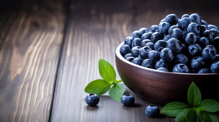 Fresh blueberries in a bowl on a wooden background. Selective focus.の素材