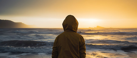A man in a yellow jacket on the seashore at sunsetの素材
