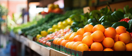 Variety of fruits and vegetables on the counter of the supermarket.の素材