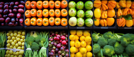 Fruits and vegetables on the counter in the supermarket. Selective focus.の素材