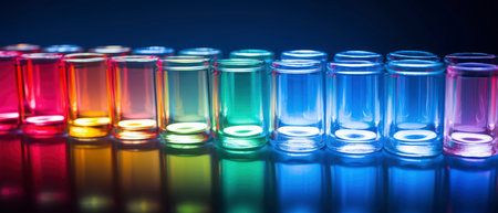 Colorful test-tubes on a dark background, close-upの素材