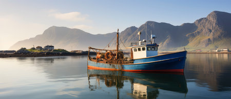Fishing boat in the harbour of Lofoten islands, Norwayの素材