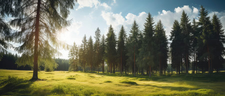 Panorama of pine trees in the meadow at sunset. Nature backgroundの素材