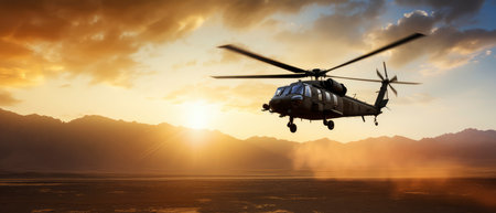 Helicopter flying in the sky at sunset. 3d renderの素材