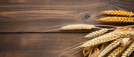 Ears of wheat on wooden background. Top view with copy spaceの素材