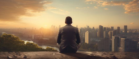 Back view of businessman looking at cityscape with skyscrapers at sunsetの素材
