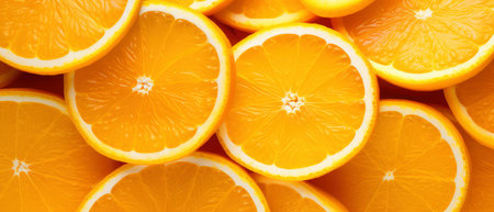 Slices of orange fruit as a background. Top view.の素材