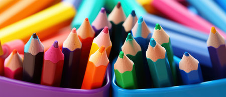 colored pencils in a box, close-up, shallow depth of fieldの素材