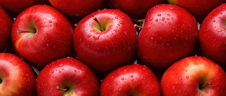 Ripe red apples with water drops. Close-up. Backgroundの素材