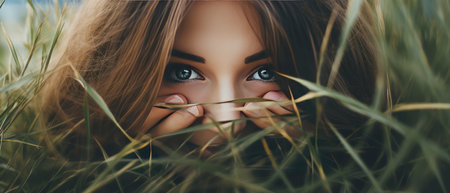 Close-up portrait of a beautiful girl with long hair and blue eyesの素材