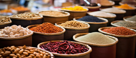 Variety of spices and herbs on a market stall in India.の素材