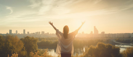 Young woman with raised hands looking at the sunset over the city.の素材