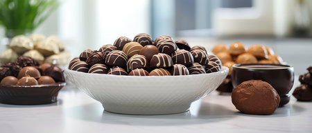 Assorted chocolate candies in a bowl on a white marble tableの素材