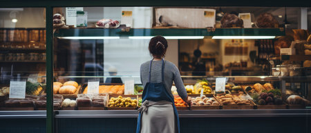 Rear view of woman in apron standing at counter with fresh products in bakery shop.の素材