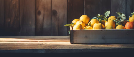 Organic lemons in a wooden box on a wooden background.の素材