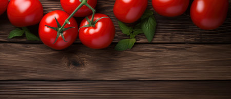 Tomatoes and basil on wooden background. Top view with copy spaceの素材
