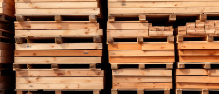 Wooden pallets stacked in a warehouse, close-up.の素材