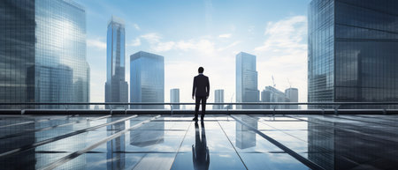 Rear view of a businessman standing on the roof of a buildingの素材