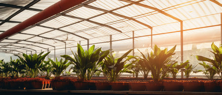 Plants in pots in a greenhouse. Growing potted plants in a greenhouse.の素材